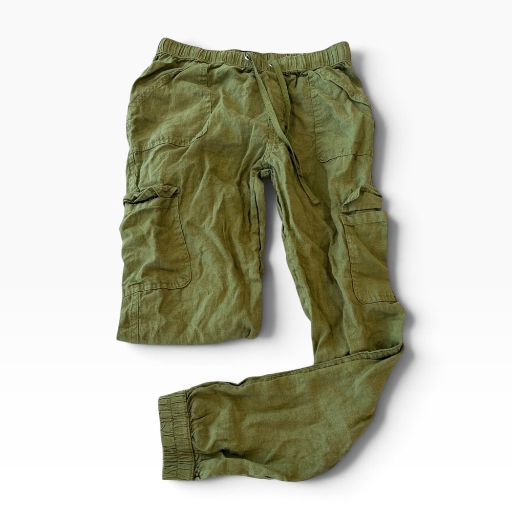 Nicole Miller New York Women Olive Green 100% Linen Cargo Jogger Pants Size S